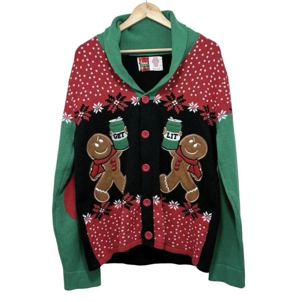 Spencer's Workshop Gingerbread Men Ugly Christmas Sweater Cardigan Get Lit Sz L
